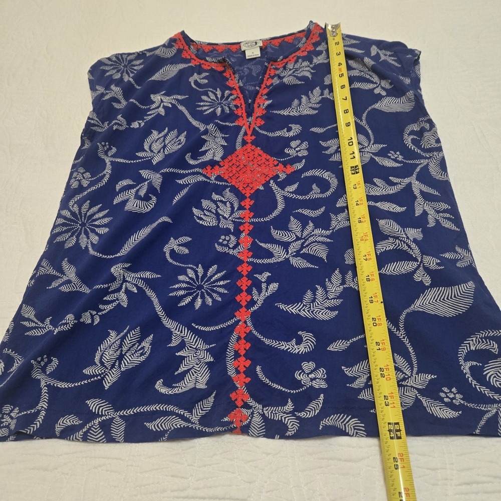 Irving & Fine x Lucky Brand Popover Print Top Embroidered Boho Red Blue Small - Picture 8 of 13